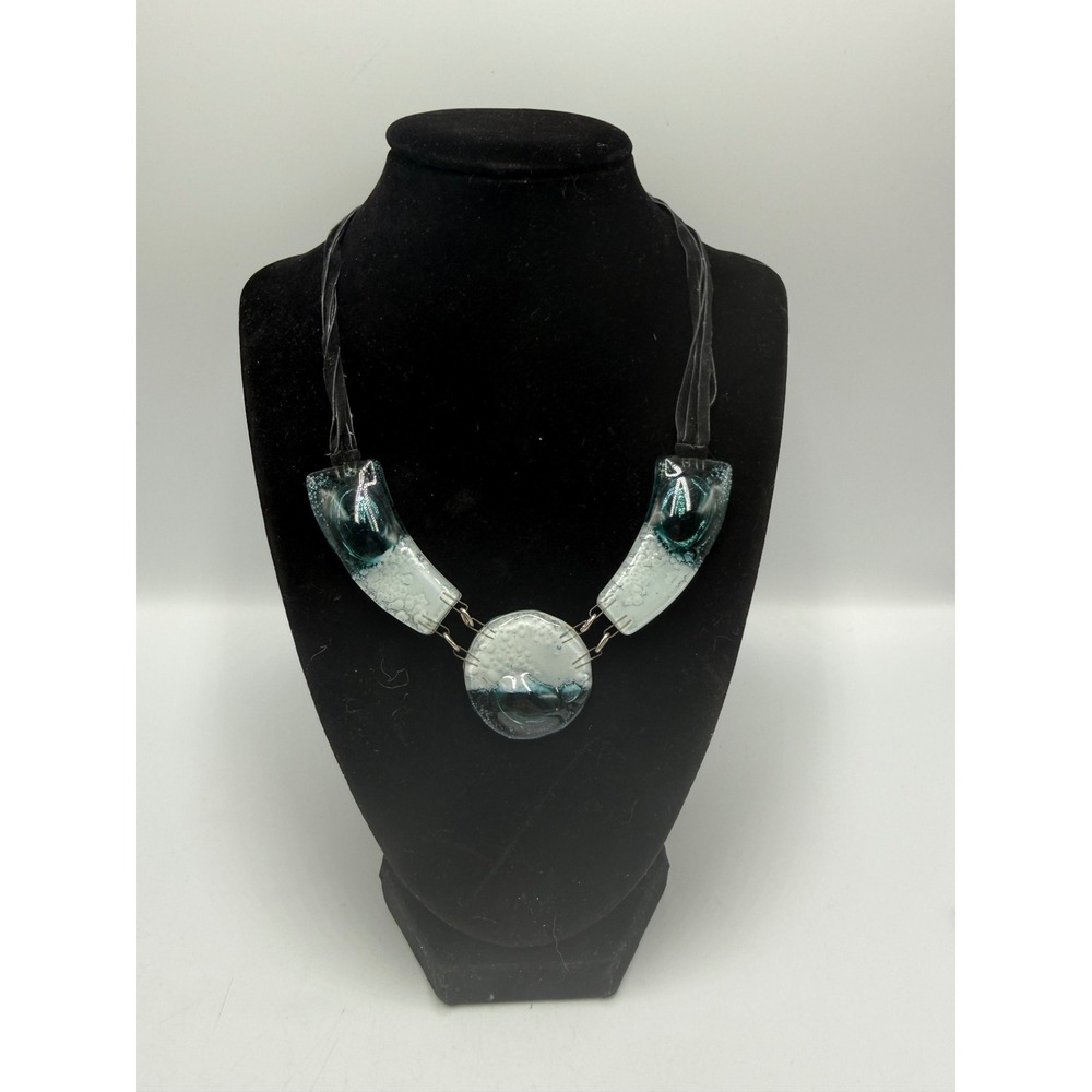 Artisan Fused Glass Statement Necklace Teal Aqua Blue Multi Strand Cord 18-20 In